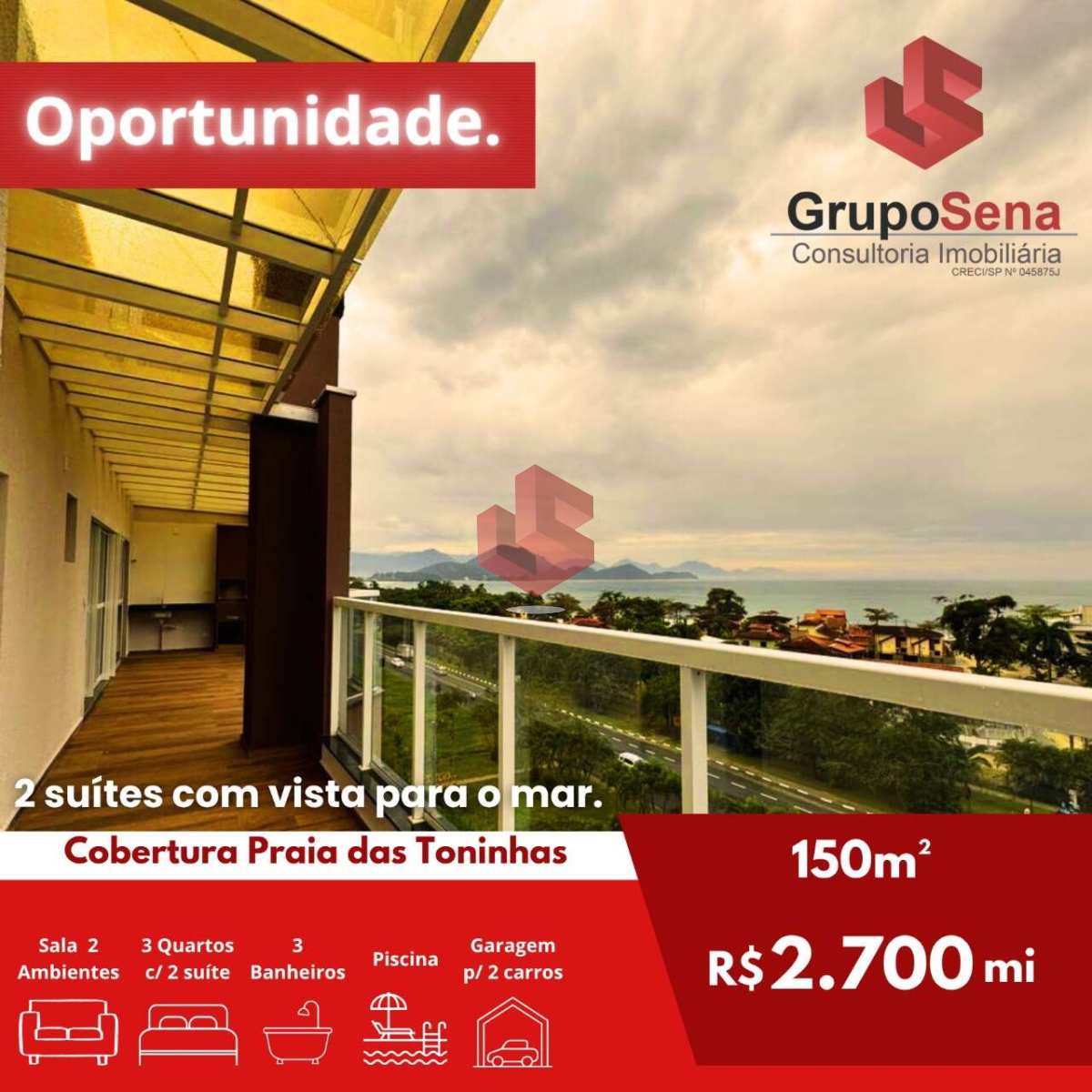 Cobertura à venda em Ubatuba, Toninhas, com 1 quarto, 150m² - Grupo Sena Consultoria Imobiliária